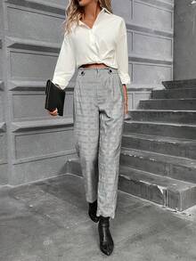 SHEIN Frenchy Plaid Print Slant Pocket Pants - Grey - View 5