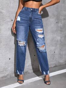 High Waist Ripped Mom Fit Jeans - Blue - View 1