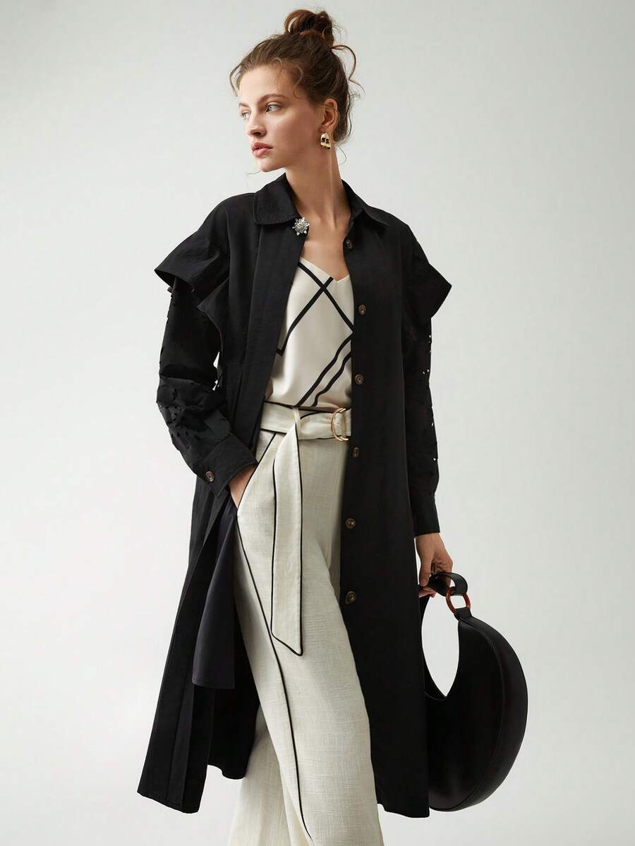 Anewsta Viền Ruffle Nút phía trước Áo khoác Trench - màu đen - Xem 1