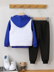 SHEIN Young Girl Flap Pocket Hooded Vest Jacket & Sweatpants & Sweatshirt - Blue - View 2