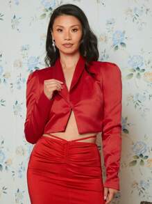 EastFlair Shawl Collar Puff Sleeve Crop Blazer - Red - View 3