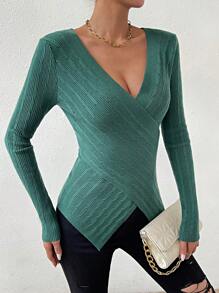 SHEIN Privé Solid Criss Cross Wrap Sweater - Dark Green - View 3