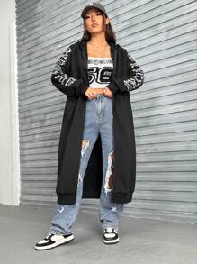 SHEIN EZwear Letter Graphic Zip Up Hoodie - Black - View 3