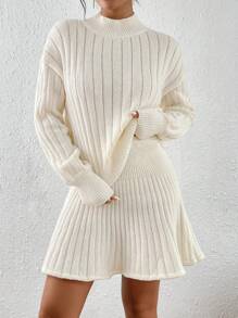 Chiquease Mock Neck Drop Shoulder Sweater & Knit Skirt - Beige - View 1
