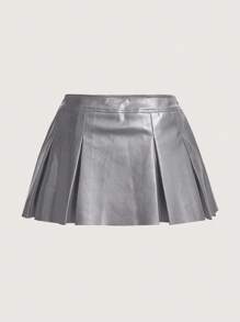 SHEIN ICON Solid PU Leather Pleated Skirt - Grey - View 2