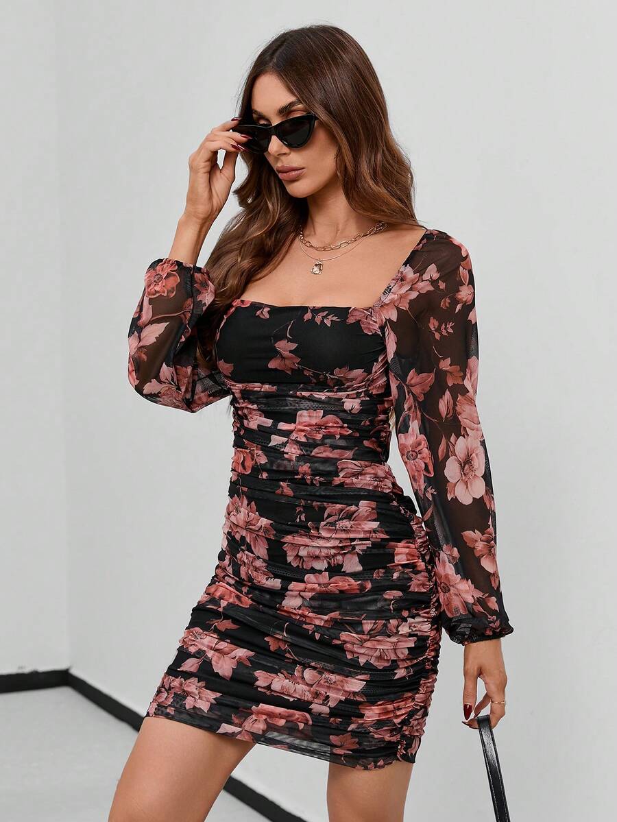 SHEIN Privé Vestido ajustado con estampado floral de cuello cuadrado fruncido - Multicolor - Ver 1