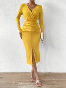 SHEIN Clasi Surplice Neck Split Thigh Ruched Bodycon Dress - Yellow - View 1