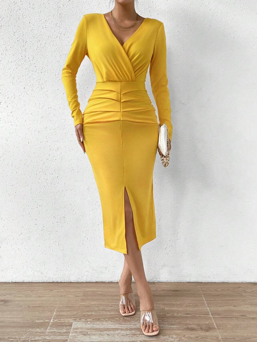 SHEIN Clasi Surplice Neck Split Thigh Ruched Bodycon Dress - Yellow - View 1