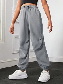 Joggers de cintura con cordón de unicolor con ajuste holgado para chicas adolescentes - Gris Claro - Ver 4