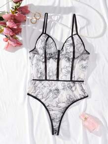 花卉刺繡網紗鋼圈性感緊身連體衣 - 黑與白 - 查看 1