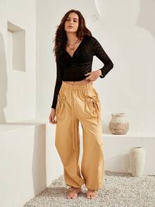 SHEIN Unity 一字肩前扭結蕾絲短款上衣 - 黑色 - 查看 7