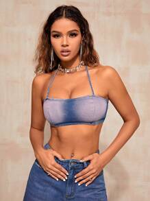 SHEIN BAE 後背繫帶短款牛仔掛脖上衣 - 藍色 - 查看 3