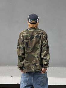 Manfinity Men Camo Print Letter Patched Drop Shoulder Denim Jacket - Army Green - View 2