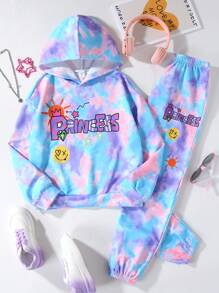 SHEIN Tween Girls Tie Dye Letter & Cartoon Graphic Hoodie & Sweatpants - Multicolor - View 1