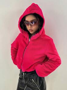 SHEIN Unity Dây kéo Mùa vụ Áo Teddy Jackets - Màu Hồng Tươi - Xem 5