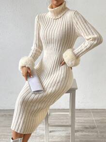 SHEIN Privé 高領毛茸茸袖口毛衣洋裝不附腰帶 - 杏色 - 查看 6