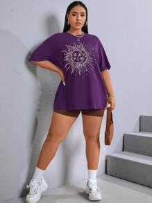 SHEIN EZwear Plus Sun & Moon Print Drop Shoulder Tee - Purple - View 4