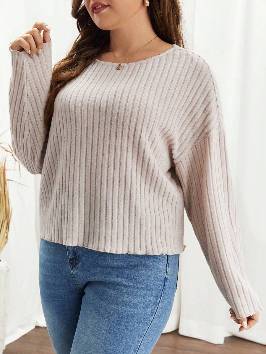 SHEIN Frenchy Talla grande Camiseta de hombros caídos tejido de canalé - Albaricoque - Ver 1