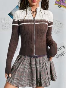 SHEIN EZwear 雙色拉鏈開襟開襟衫 - 棕色 - 查看 1