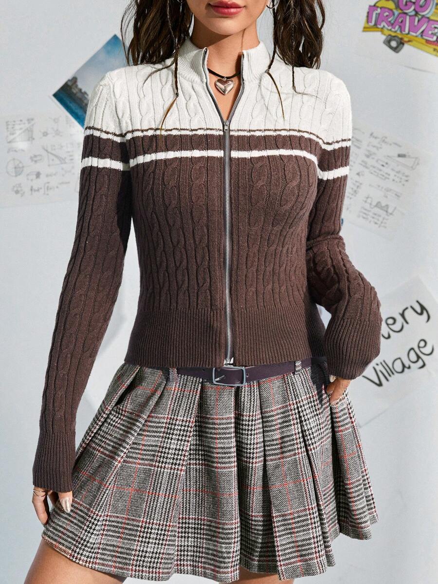 SHEIN EZwear 雙色拉鏈開襟開襟衫 - 棕色 - 查看 1