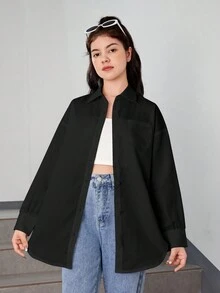 Teen Girl Drop Shoulder Pocket Patched Shirt - Black - View 3