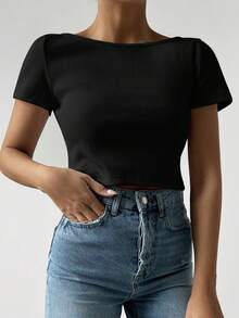 RueChic Chất rắn Không lưng Áo phông Crop - màu đen - Xem 5