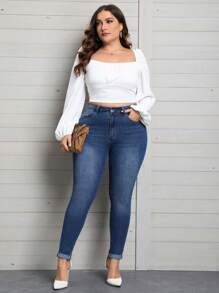 SHEIN Privé Talla grande Jeans ajustados con cremallera - Azul - Ver 4