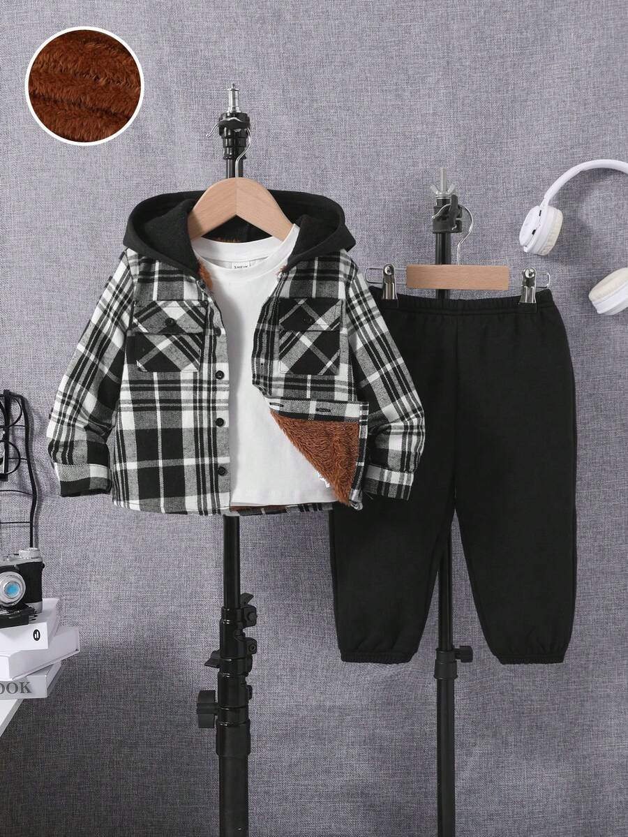 SHEIN 男嬰格紋印花連帽襯衫和褲子不帶T恤