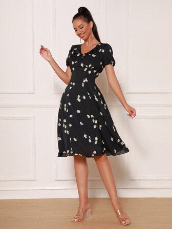 Modphy Floral Print Puff Sleeve Dress