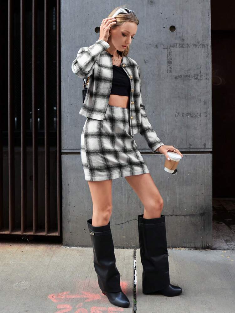 Plaid Print Button Front Jacket & Skirt