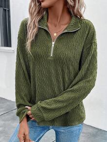 EMERY ROSE Half Zip Drop Shoulder Tee - Dark Green - View 4