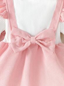 SHEIN 女嬰荷葉邊前蝴蝶結假兩件洋裝附髮帶 - 粉色 - 查看 4
