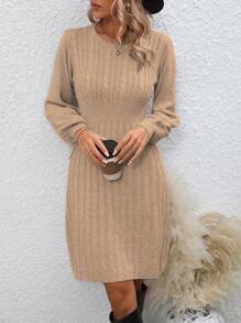 EMERY ROSE Vestido de punto unicolor tejido de canalé - Caqui - Ver 6
