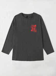 SHEIN EZwear Plus Slogan Áo thun trễ vai có đồ họa - Xám - Xem 2