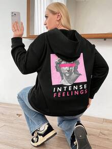 Flirla 大码雕塑字母图案落肩套头卫衣，秋季卫衣 - 黑色 - 查看 6