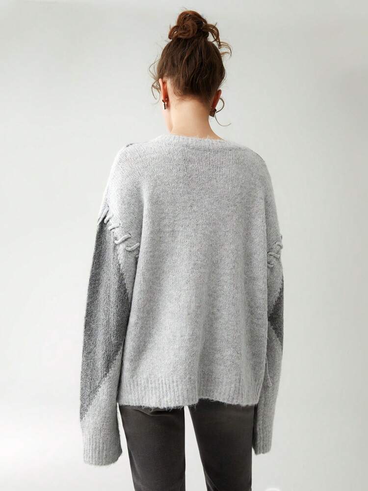 Autumn/Winter Colorblock Diamond Textured Handmade Knit Casual Crew Neck Pullover Sweater For Women