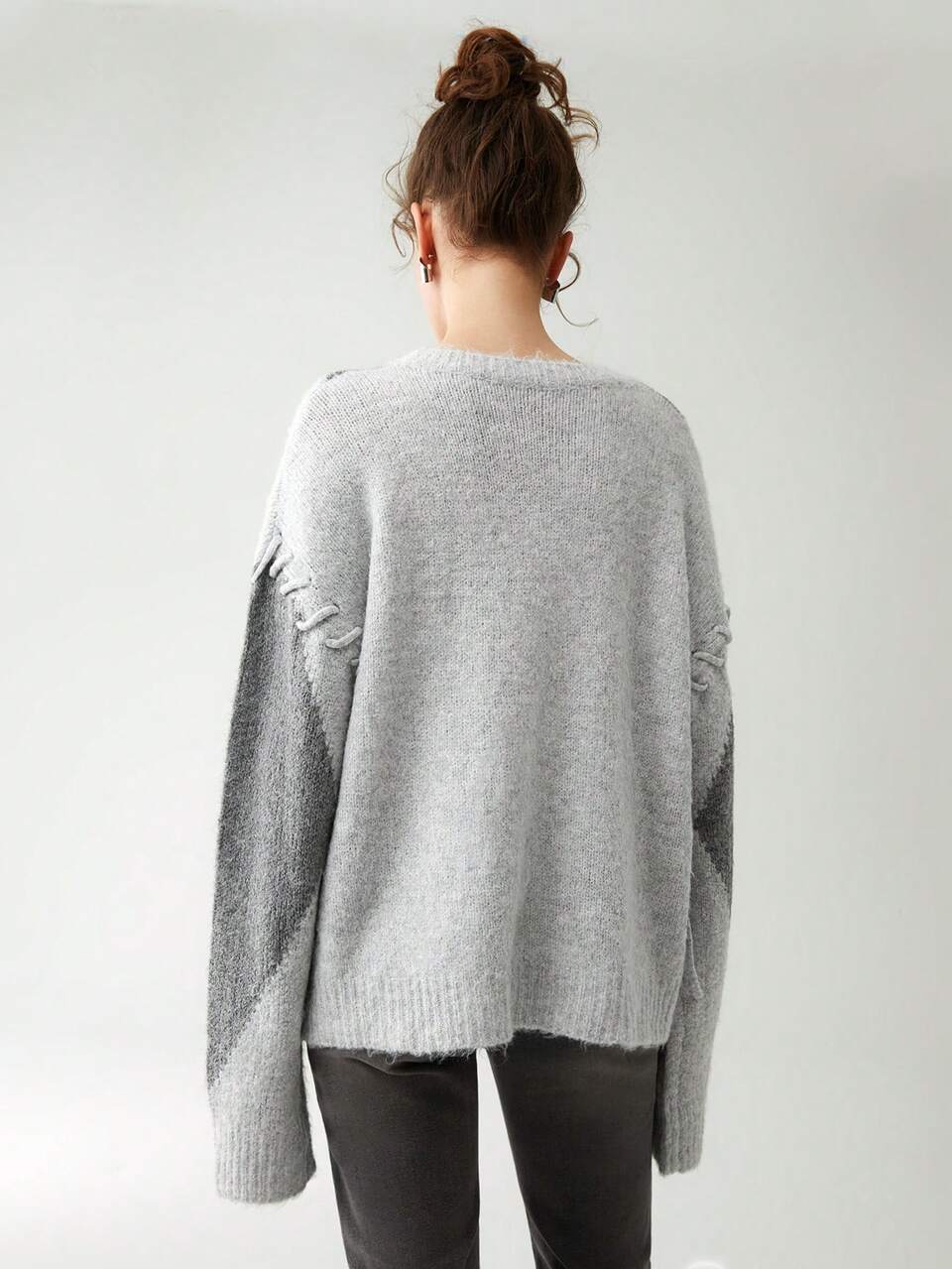 Autumn/Winter Colorblock Diamond Textured Handmade Knit Casual Crew Neck Pullover Sweater For Women