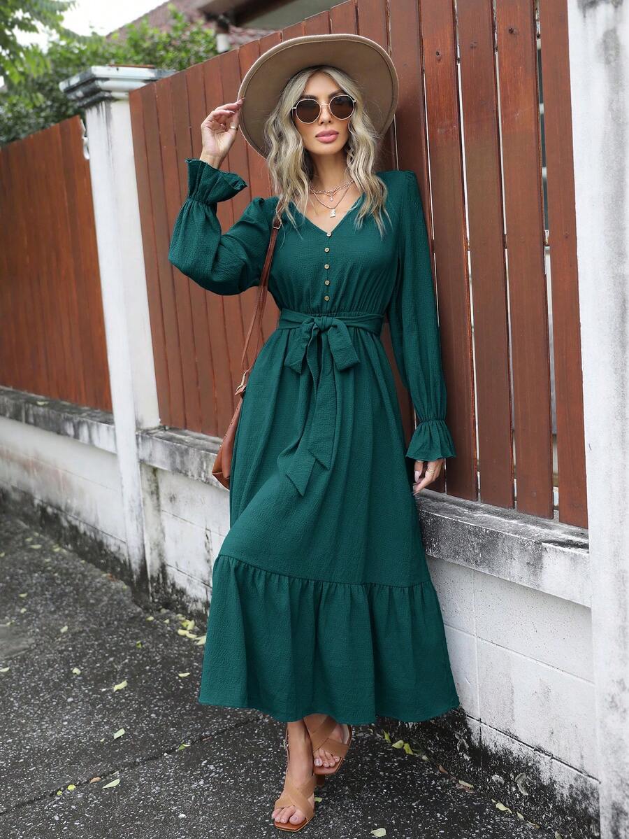 SHEIN Clasi Vestido con cinturón de manga con volante bajo con fruncido - Verde Oscuro - Ver 1