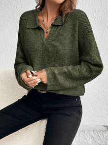 SHEIN Frenchy Pullover mit Einfarbig Drop Shoulder Rippenstrick - Grün - Übersicht 4