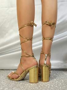 春夏女士性感金色露趾凉鞋,适合派对穿着,交叉绑带方头设计,高跟,舒适时尚,展现您的身材曲线和纤细美腿,粗跟设计。 - 金色 - 查看 5