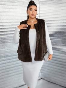 SHEIN Unity Plus Size Sleeveless Faux Fur Thermal Vest Jacket, Solid Color, Fashion For Autumn/Winter - Coffee Brown - View 6