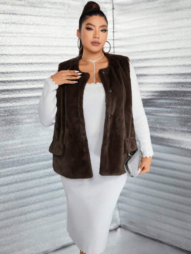 Plus Size Sleeveless Faux Fur Thermal Vest Jacket, Solid Color, Fashion For Autumn/Winter