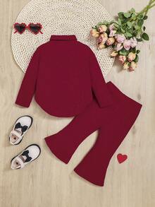 SHEIN 2pcs Baby Girl Casual Knit Turtleneck Top And Flared Pants Set - Burgundy - View 2