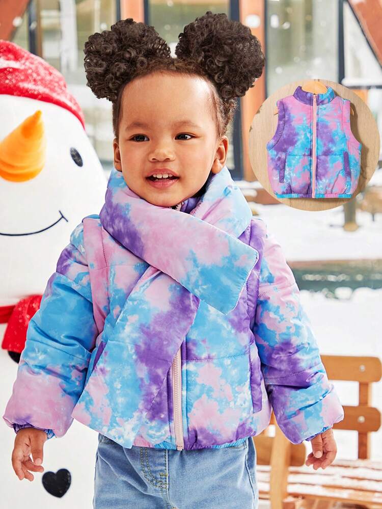 Baby Girl Tie Dye Zip Up Hooded Padded Coat & Scarf