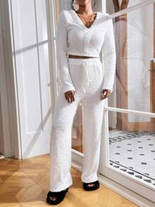 SHEIN Essnce Solid Crop Tee & Tied Waist Pants - White - View 5