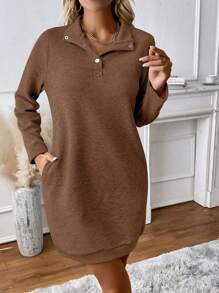 SHEIN LUNE Polo領插肩袖衛衣洋裝 - 咖啡棕 - 查看 6