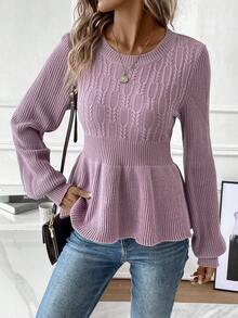 Chiquease Solid Peplum Hem Cable Knit Lantern Sleeve Sweater - Dusty Purple - View 5