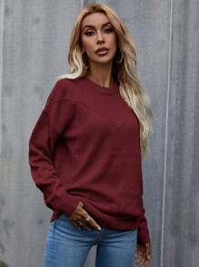 SHEIN LUNE Solid Drop Shoulder Sweater,Long Sleeve Tops Knit Pullover Fall Winter Outfit - Burgundy - View 5