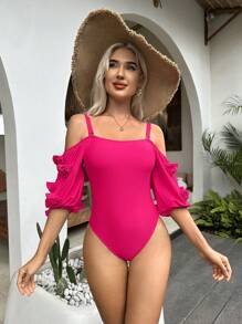 Plain Cold Shoulder One Piece Swimsuit - Hot Pink - View 2