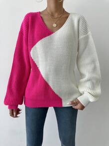 EURMUSE Two Tone Drop Shoulder Ribbed Knit Sweater - Hot Pink - View 3